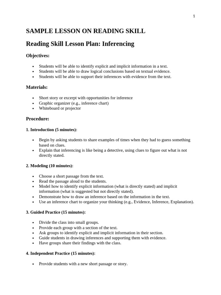 Sample Lesson On Reading Skill | PDF | Inference | Cognition