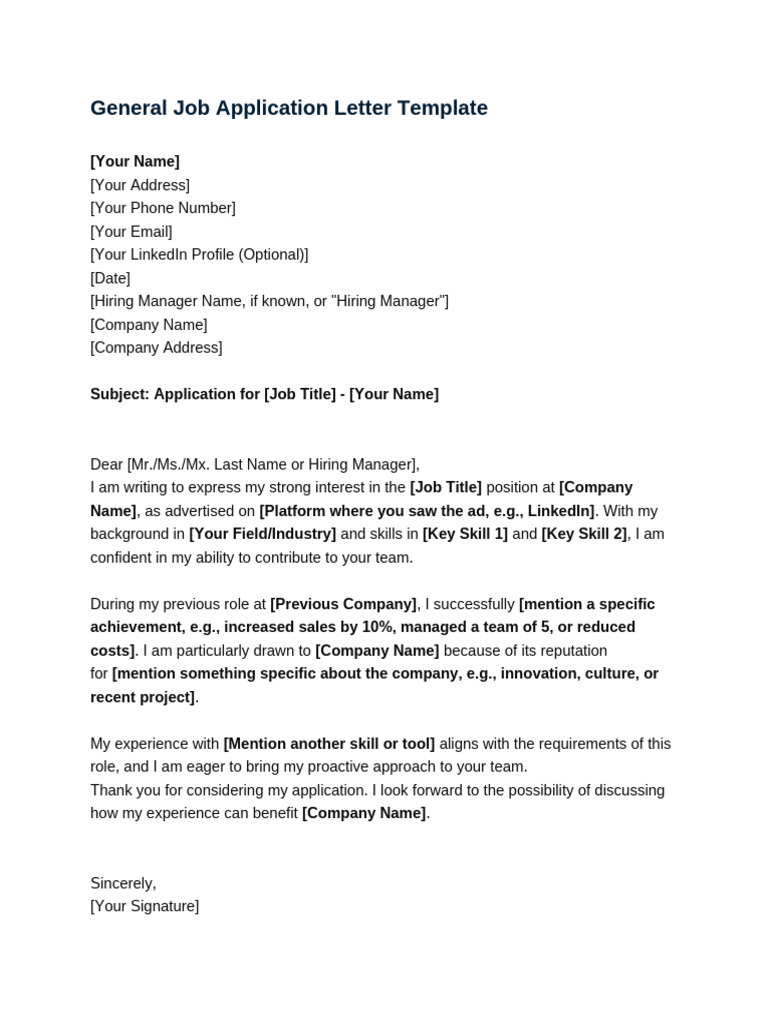 General Job Application Letter Template | PDF