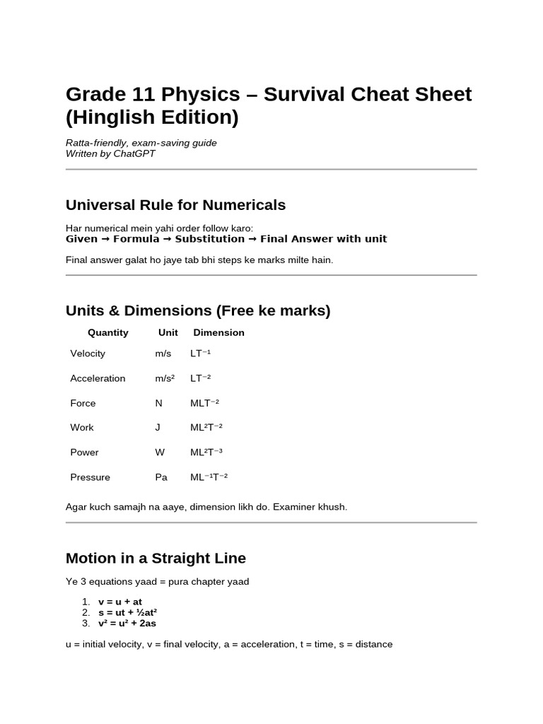 Grade 11 Physics – Survival Cheat Sheet for Dhairya | PDF | Force | Gases