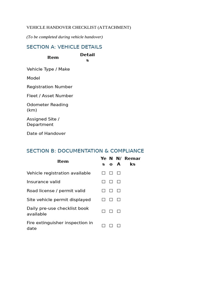 Vehicle Handover Checklist - Action B | PDF | Vehicles | Wheeled Vehicles