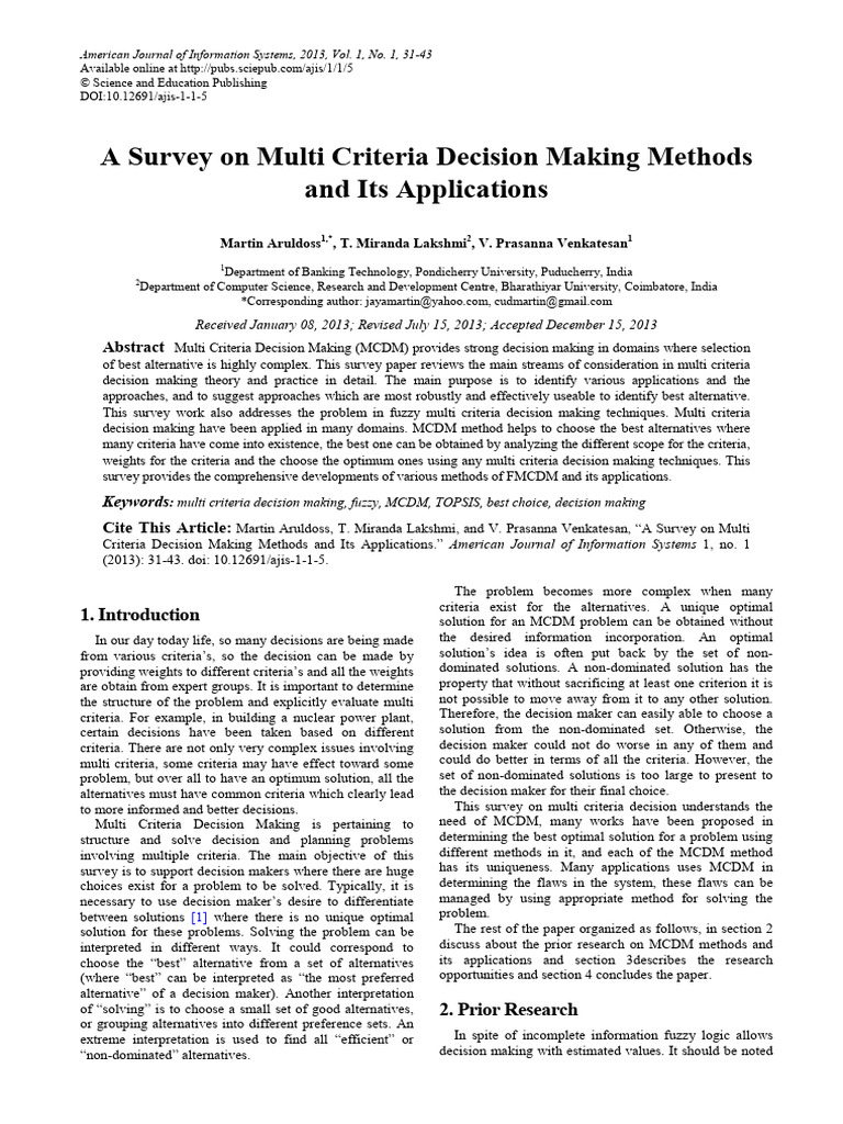 A Survey On Multi Criteria Decision Making Methods and Its Applications ...
