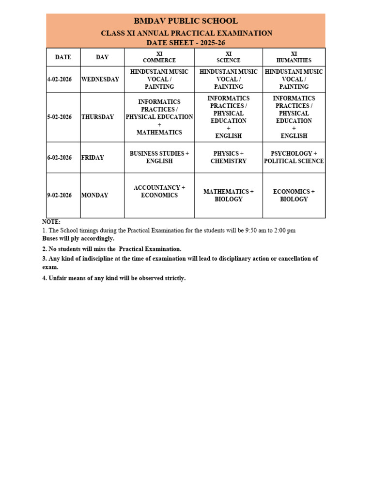 Class Xi Annual Practical Examination Datesheet 2025-26 | PDF