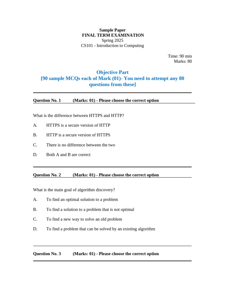 CS101 Sample Paper (Final) | PDF | Central Processing Unit | Bit