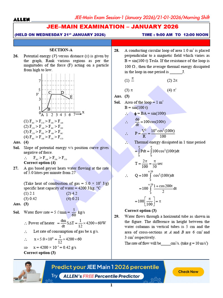 Jee Mains Physics 21 January 2026 | PDF | Capacitance | Physical Sciences