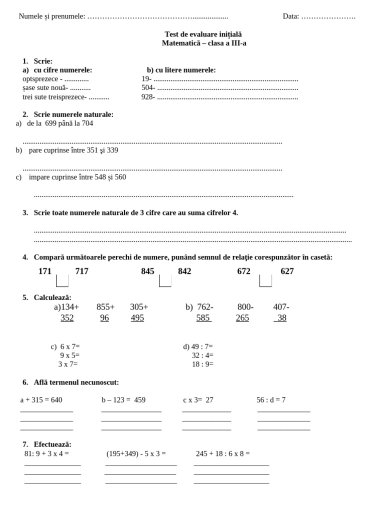 2 Test Initial Matematica | PDF