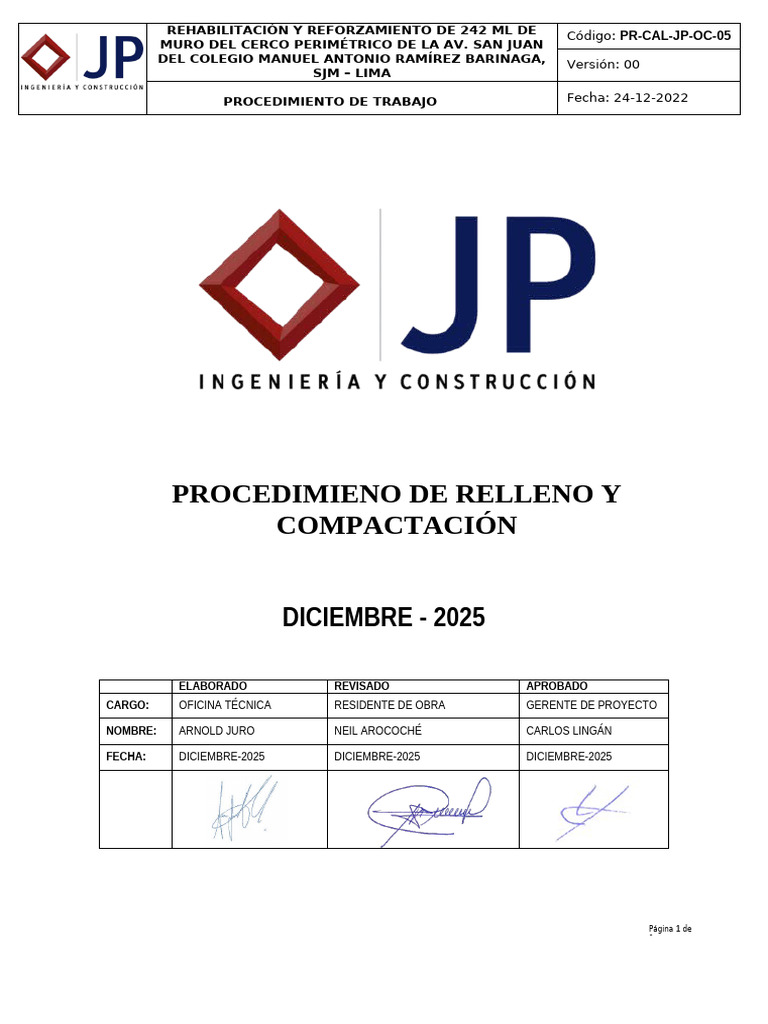 PR CAL JP OC 05 Relleno y Compactación Rev00 | PDF | Seguridad y salud ...