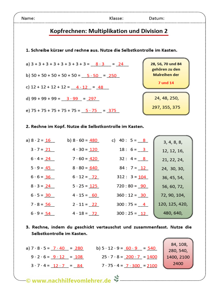 Multiplikation Und Division 2 - Kopfrechnen - Lösung | PDF