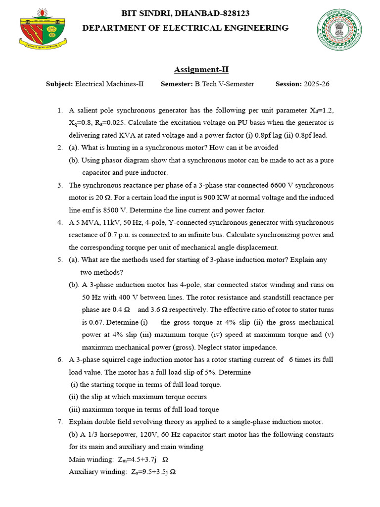 EM II Assignment II 2025 26 | PDF | Electric Motor | Electrodynamics