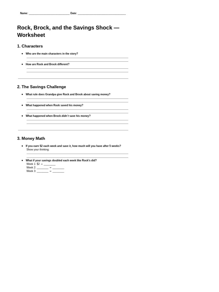 Rock, Brock, and The Savings Shock - Worksheet | PDF