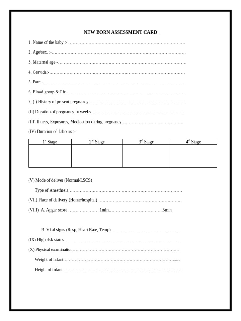 New Born Assessment Card | PDF | Medical Specialties | Health Care