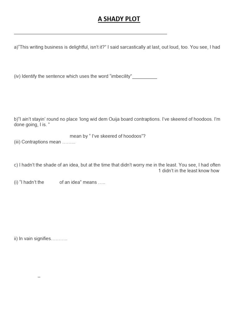 A Shady Plot Question Bank and Answer Key PDF | PDF