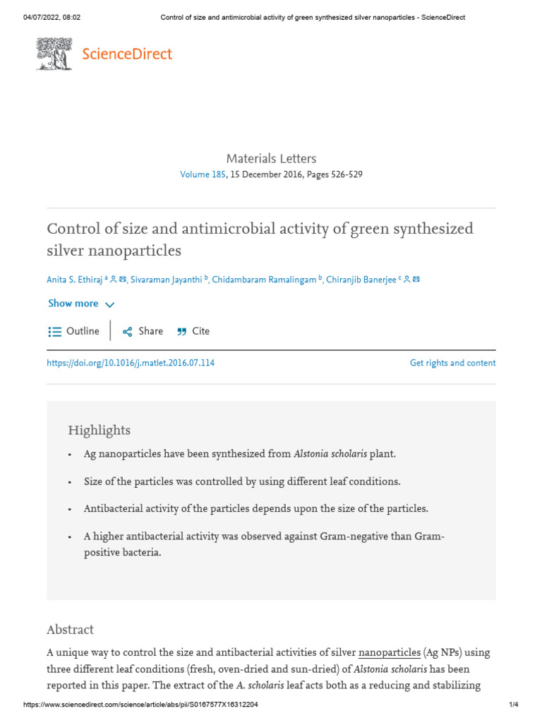 Control of Size and Antimicrobial Activity of Green Synthesized Silver ...