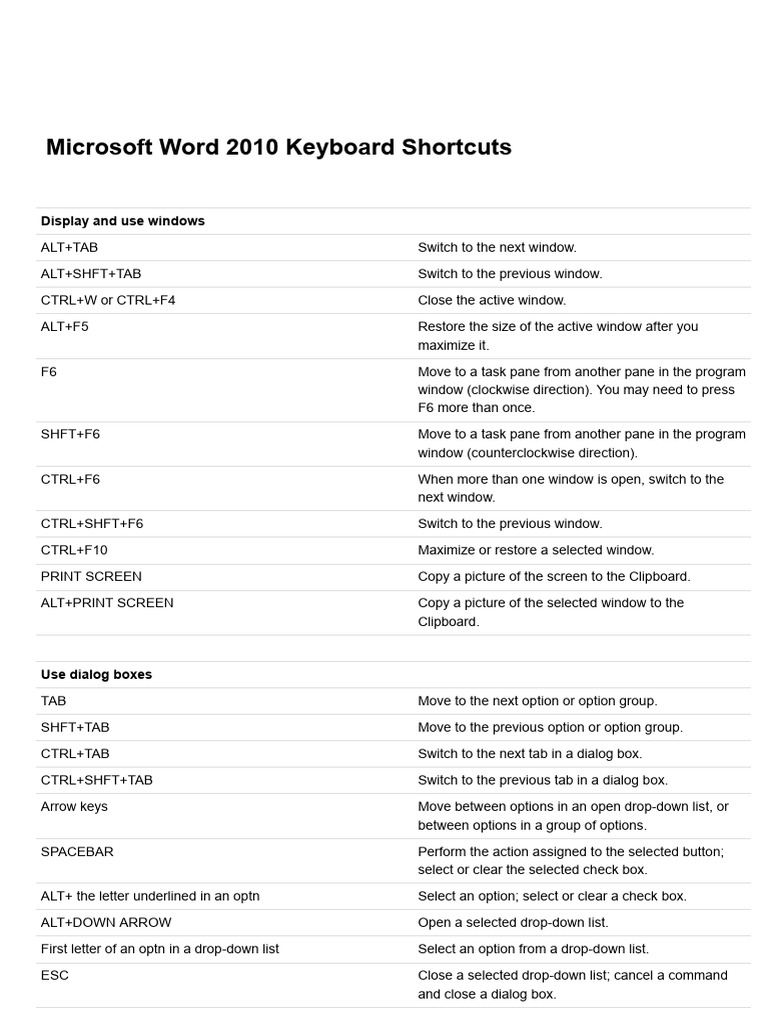 371 Keyboard Shortcuts For Microsoft Word 2010 | PDF | Quotation Mark ...