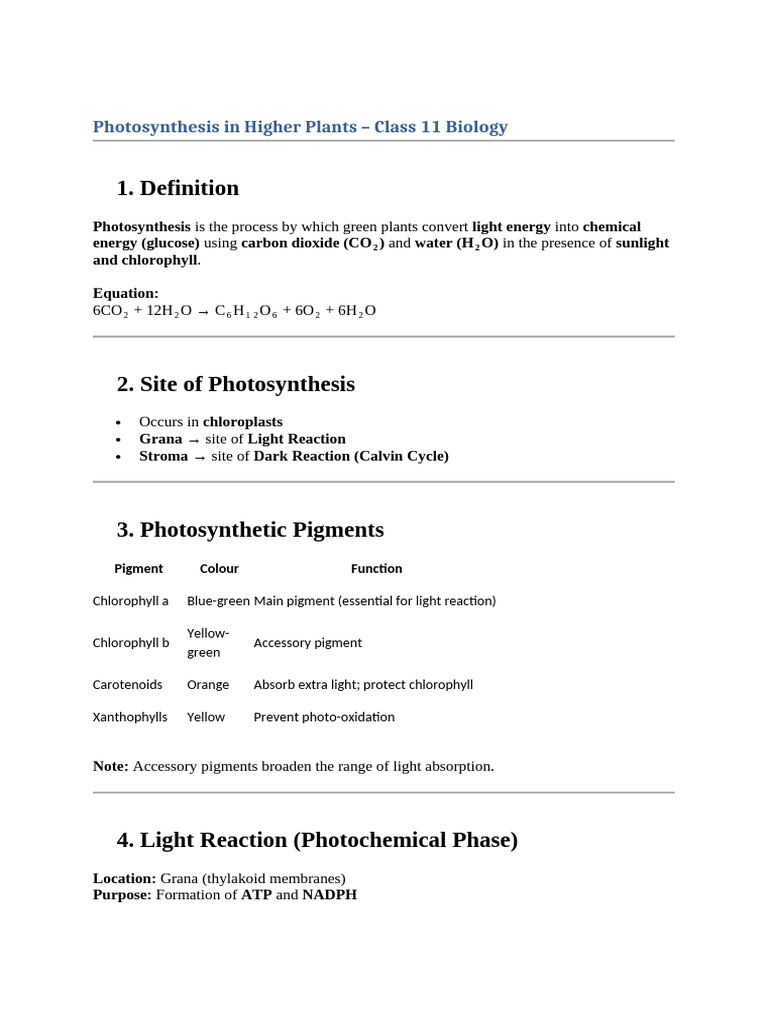 Photosynthesis in Higher Plants 11th Short Notes | PDF | Photosynthesis ...