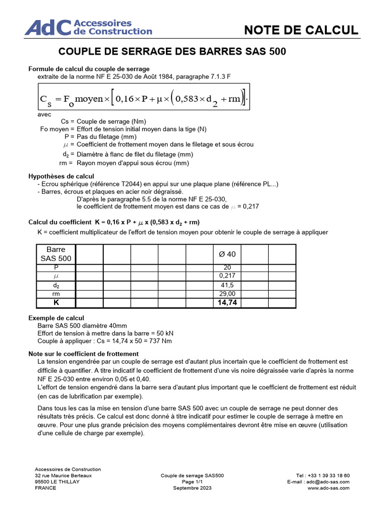 Couple de Serrage SAS500 Note de Calcul 231012 131525 PDF — free download