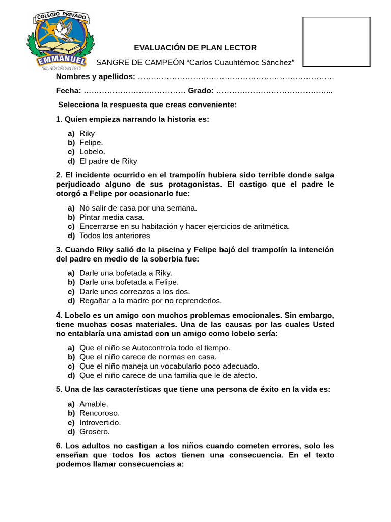 Evaluación de Plan Lector | PDF