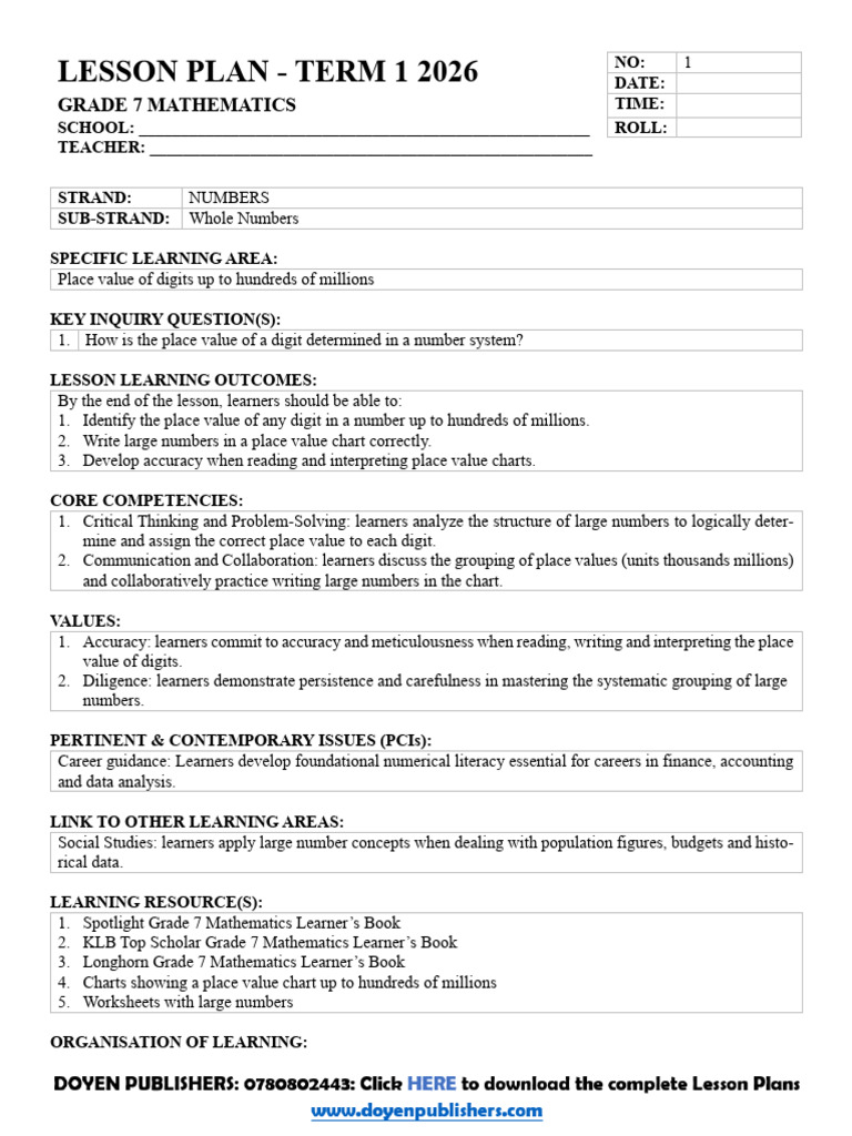 Grade 7 Mathematics Term 1 2026 Lesson Plans | PDF | Learning ...