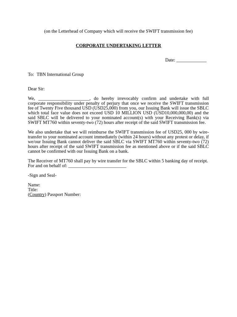 Bank Undertaking Letter Loi | PDF