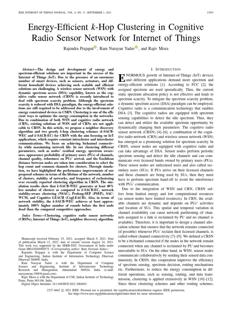 Energy-Efficient K-Hop Clustering in Cognitive Radio Sensor Network for ...
