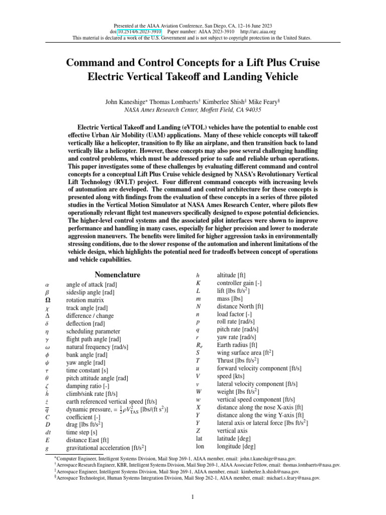 Command and Control Concepts for a Lift Plus Cruise Electric Vertical ...