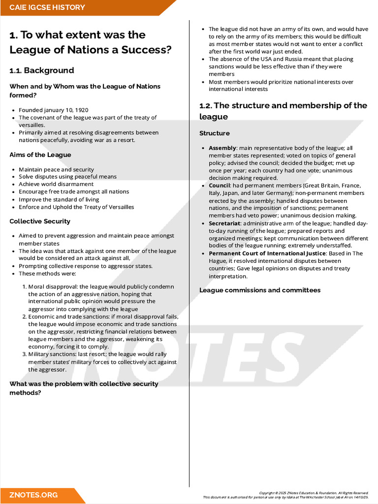 Znotes History | PDF | League Of Nations | Global Politics