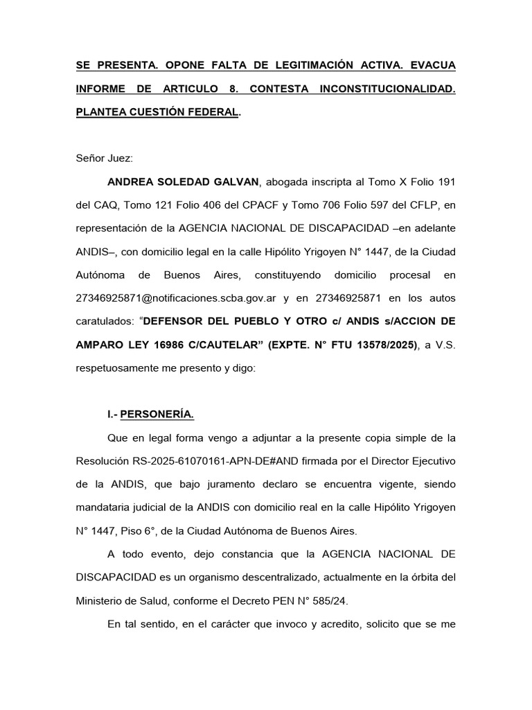 Amparo Catamarca - Contestación de Demanda | PDF | Caso de ley | Ley ...