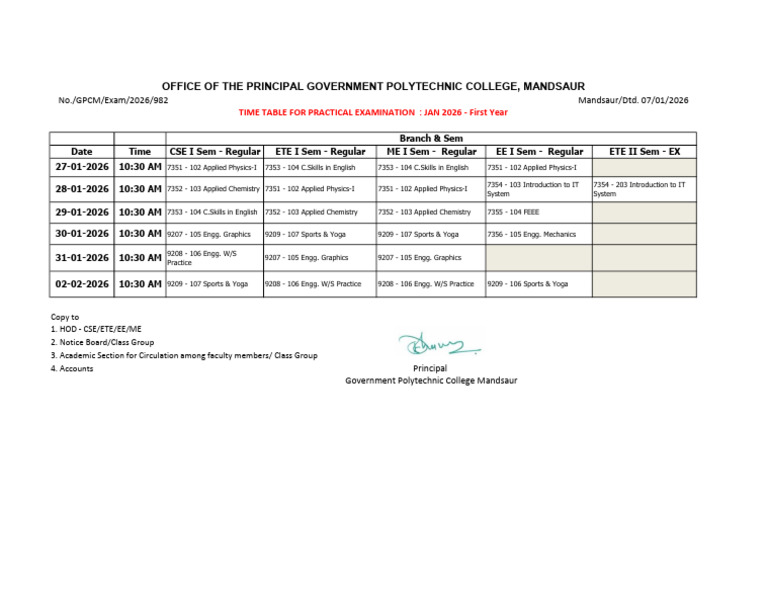 Jan 2026 First Year Practical Exam Timetable | PDF