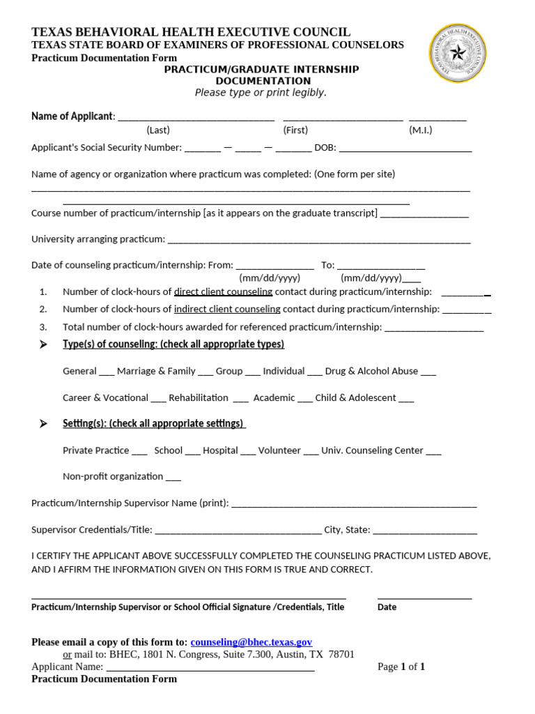 BHEC LPC a Practicum Form Apr 2025 | PDF