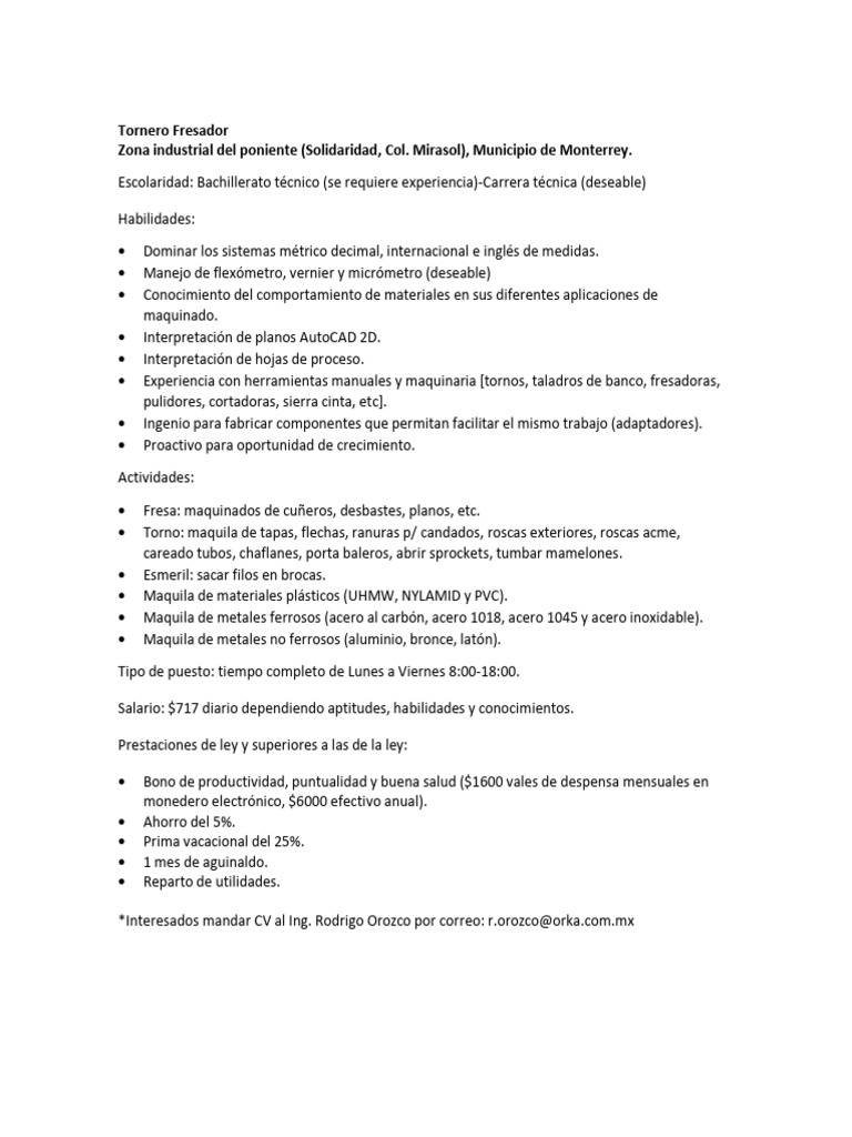Perfil Tornero y Fresador - PDF Versión 1 | PDF