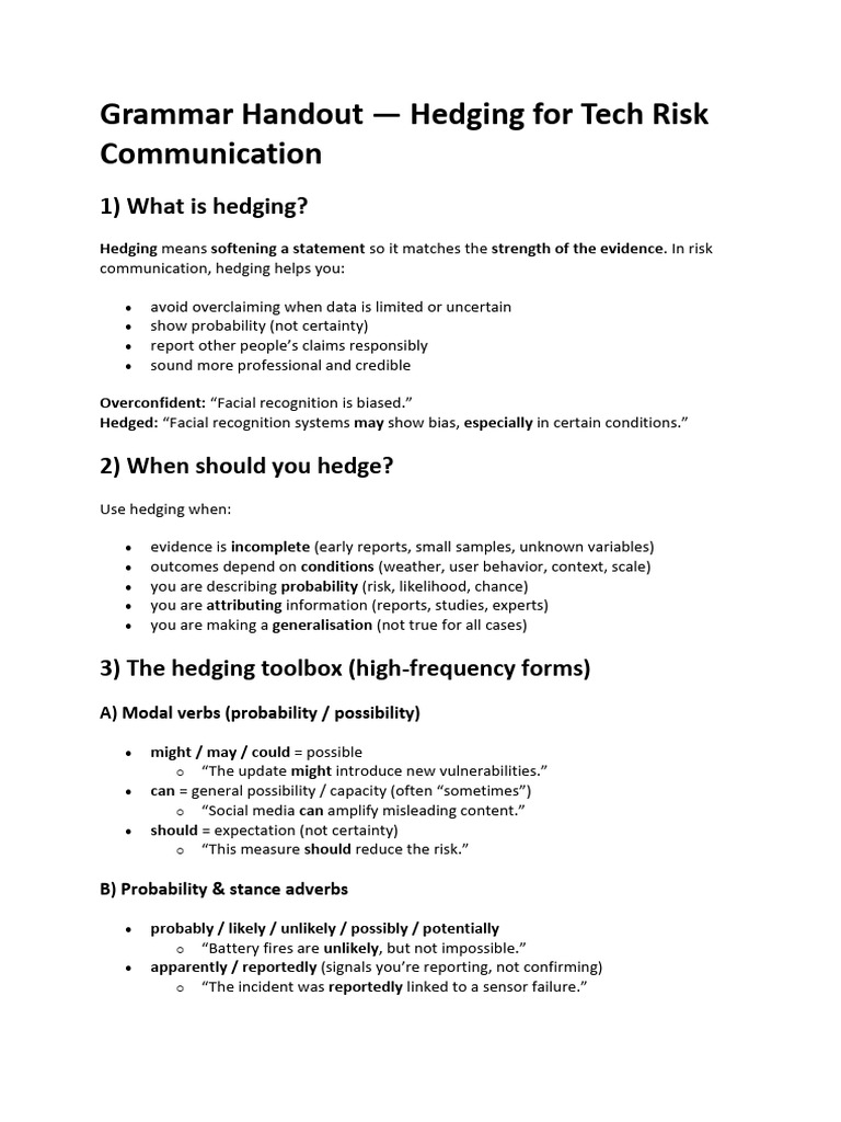 Grammar Handout Hedging | PDF | Risk | Probability