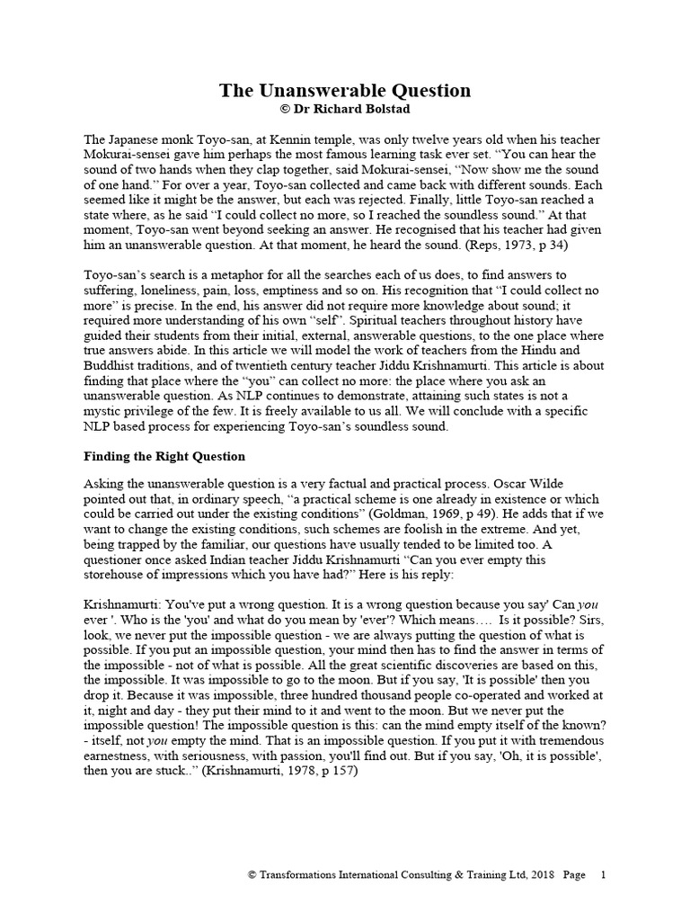 The Unanswerable Question Info and Worksheet | PDF | Jiddu Krishnamurti ...