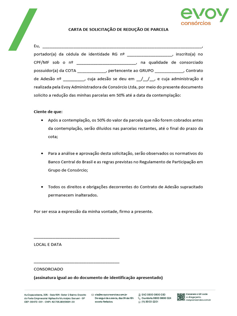 Carta de Solicitação de Redução de Parcela | PDF