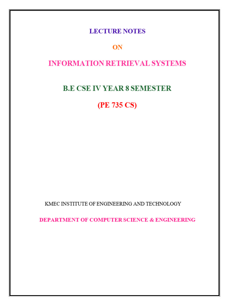 IRS 2025 Lecture NotesA1 | PDF | Information Retrieval | Search Engine ...