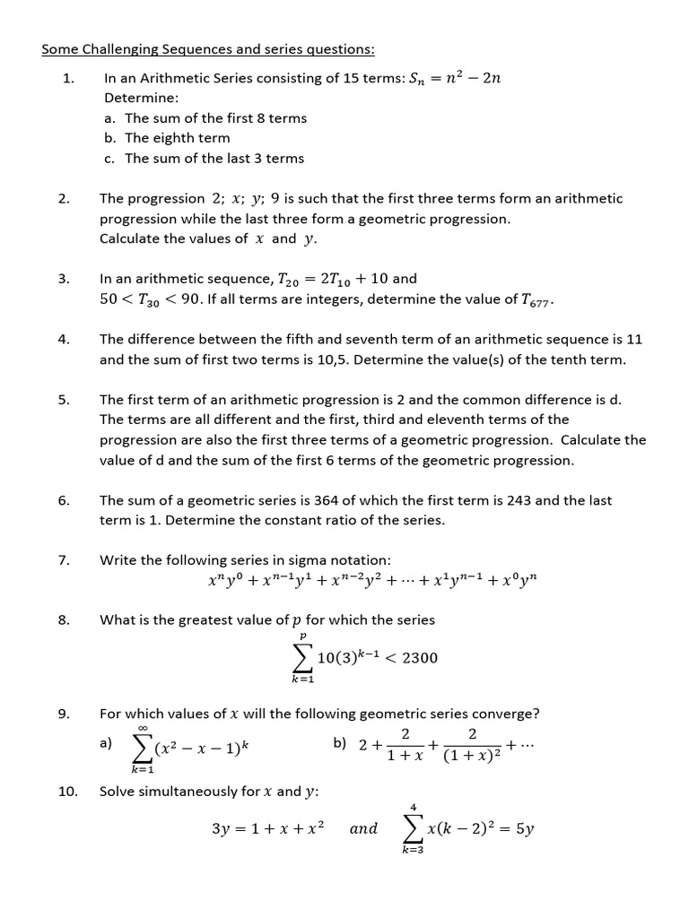 Harder Series and Sequence Questions (for a Students) 2026 | PDF ...