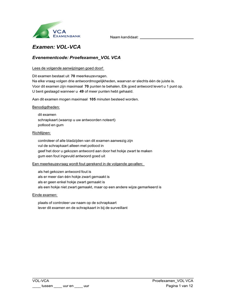 Proefexamen VOL VCA 2012 | PDF
