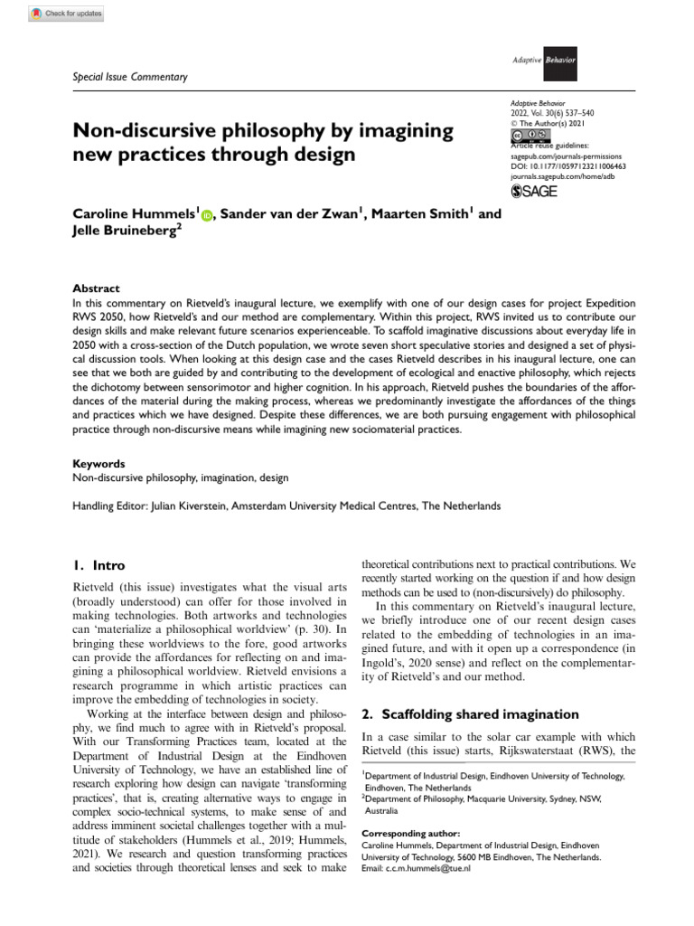 Hummels Et Al 2021 Non Discursive Philosophy by Imagining New Practices ...