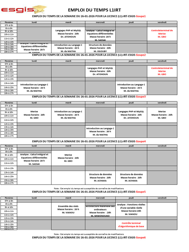 Emploi - Du - Temps 26 Janvier 2026 - L2 IRT | PDF | Concepts ...