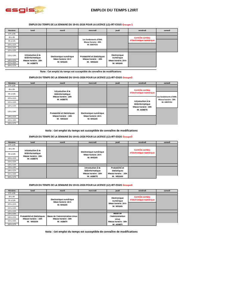 Emploi - Du - Temps 26 Janvier 2026 - L2 IRT. | PDF | Électronique