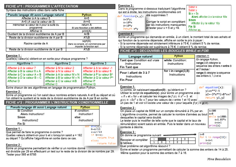 2025 12 1ere Exercices Python - If - For - While | PDF | Structure de ...
