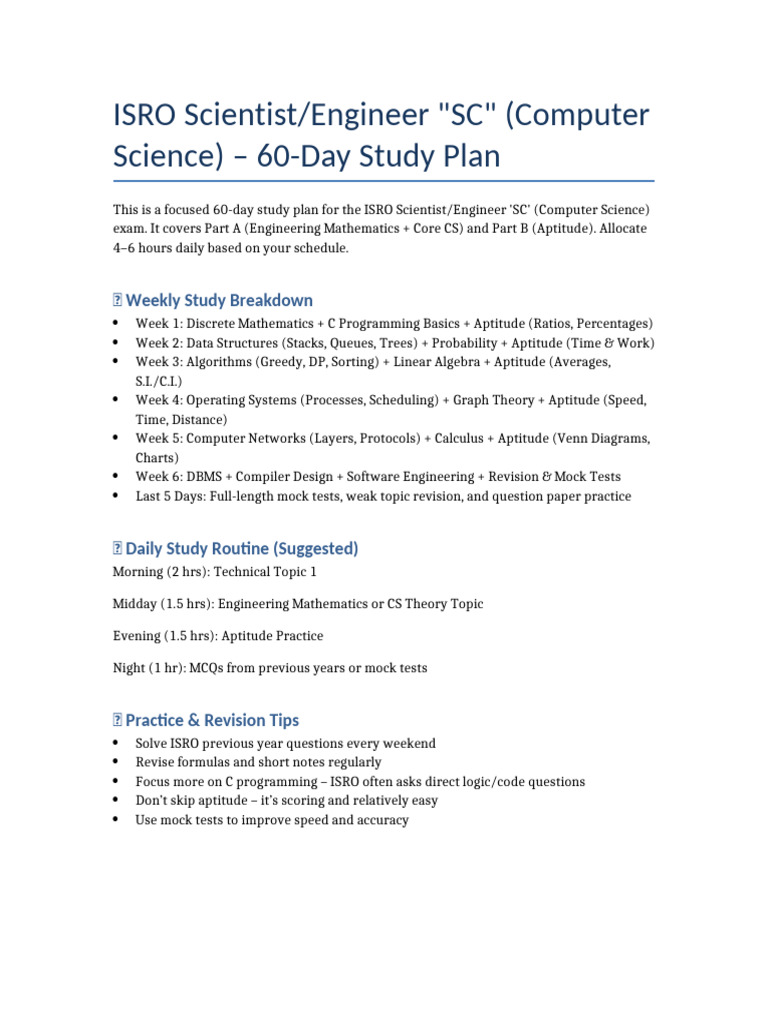 Isro Cse 60 Day Study Plan | PDF