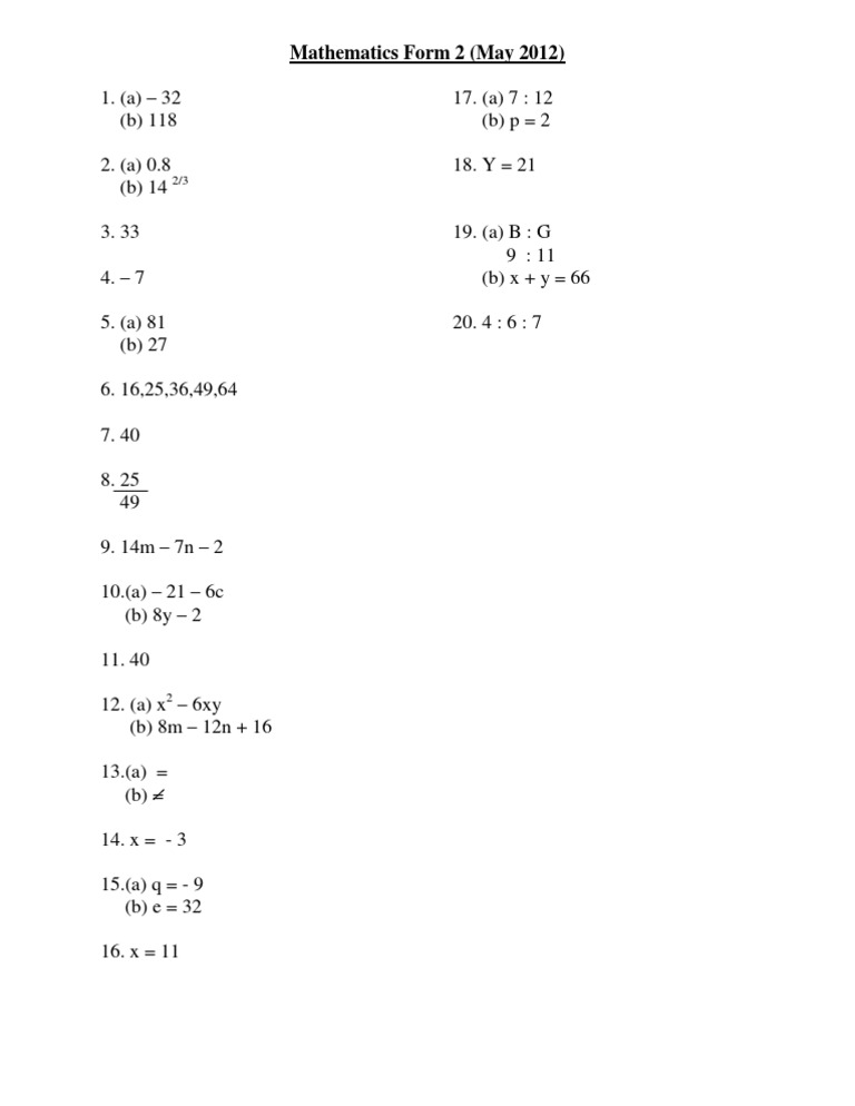 Mathematics Form 2 Exam Solutions | PDF