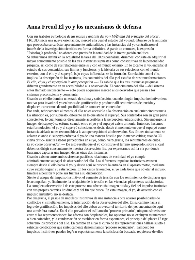 El Yo y Los Mecanismos de Defensa - A Freud | PDF | Psicoanálisis ...