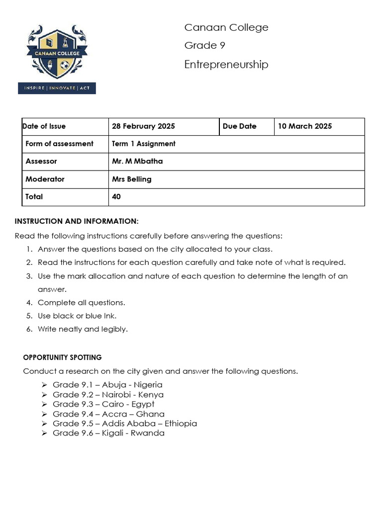 Grade 9 Term 1 Assignment - Removed | PDF
