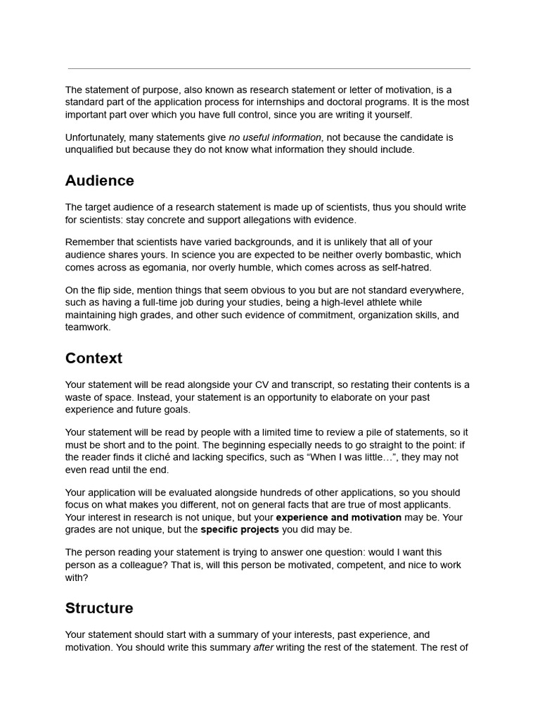 The Statement of Purpose | PDF | Experience | Motivation