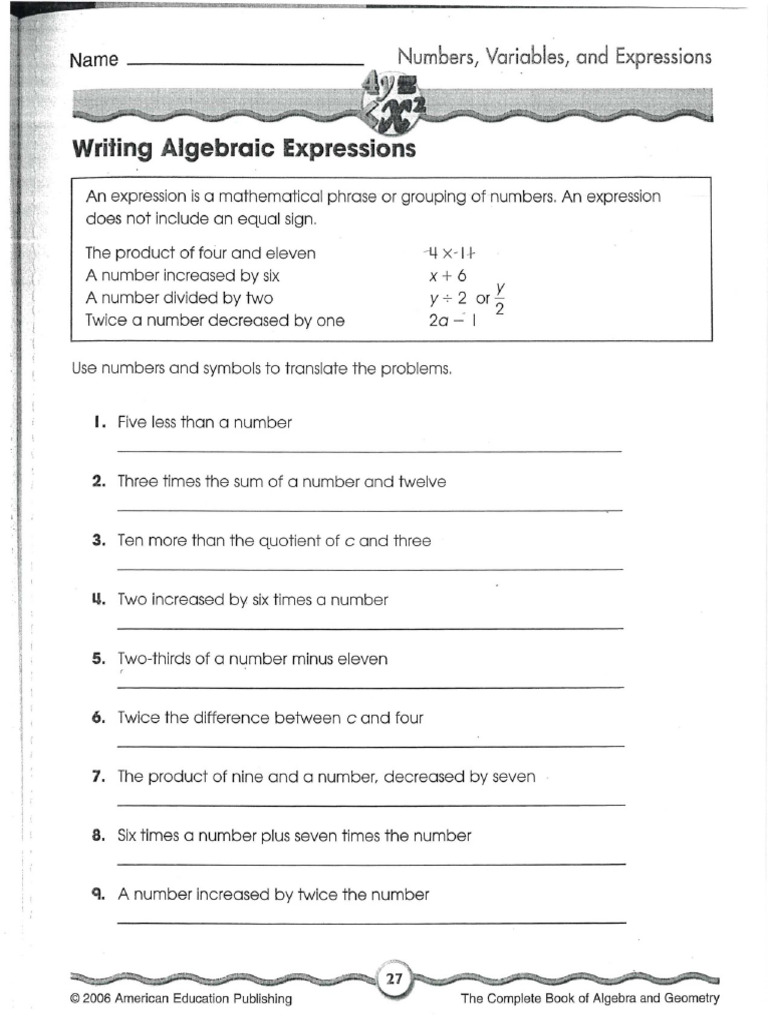 Writing Algebraic Expression | PDF
