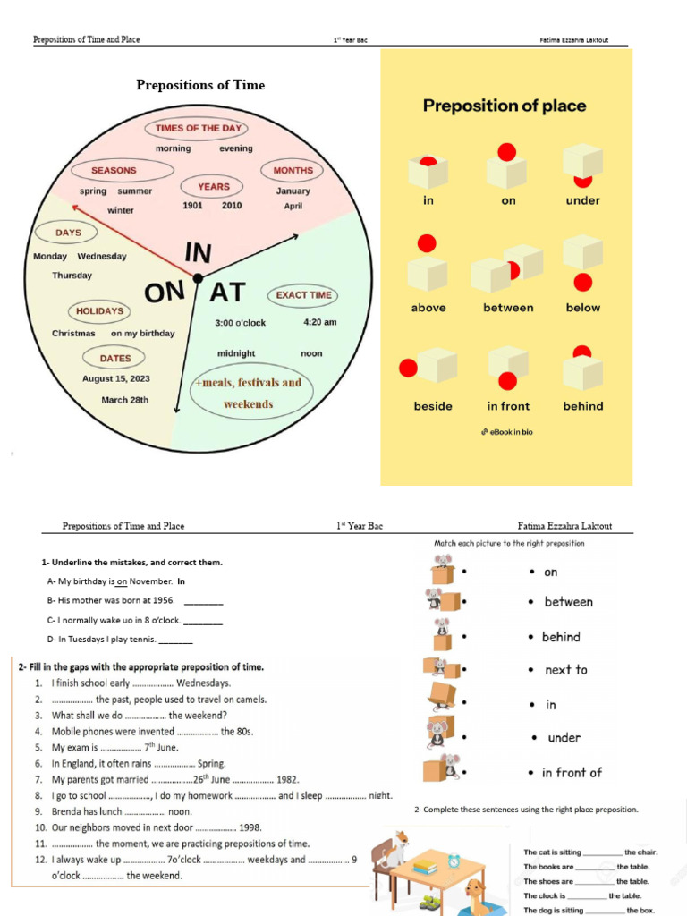 Prepositions of Time and Place Worksheet 1 Bac | PDF