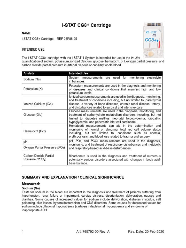 I STAT CG8+ Cartridge Instructions For Use | PDF | Bicarbonate | Hemoglobin