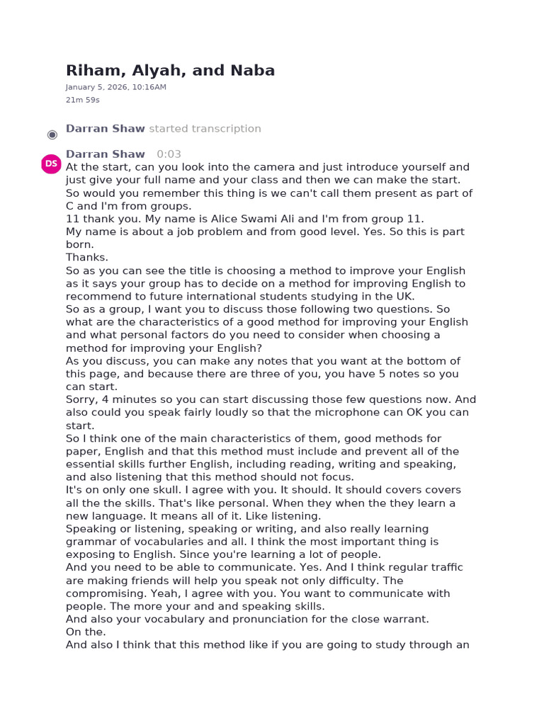 Group A Riham, Alyah, and Naba TRANSCRIPT | PDF | English Language ...