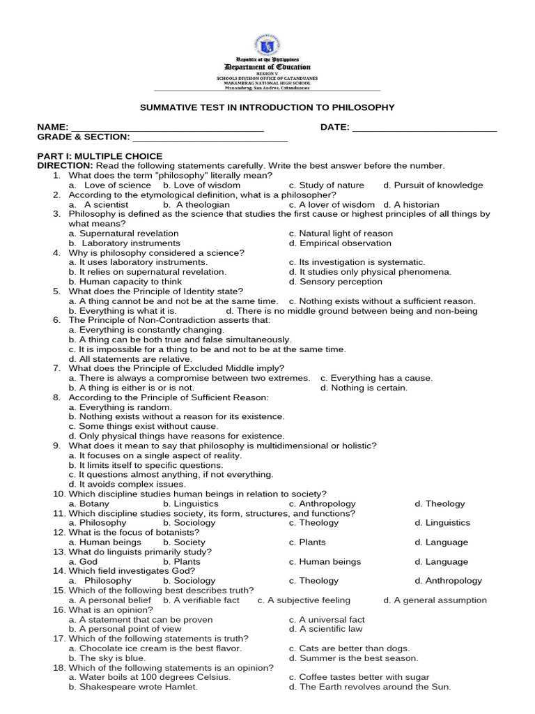 2nd Summative Test in Philosophy | PDF | Reason | Truth