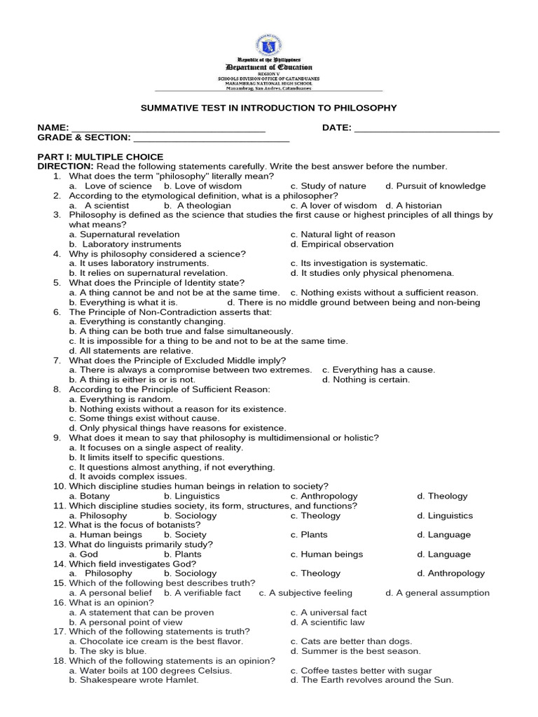 Summative Test in Philosophy | PDF | Truth | Reason